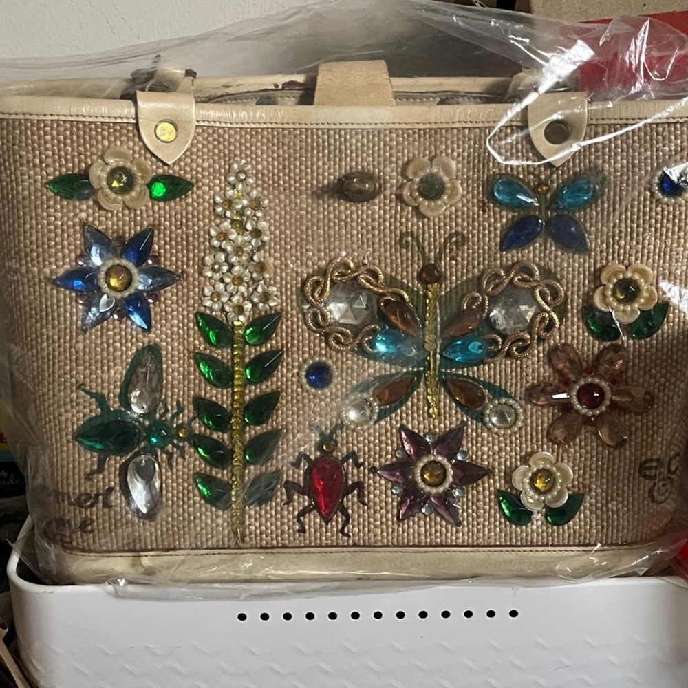 VINTAGE ENID COLLINS 1963 EMBELLISHED JEWELED BUTTERFLIES FLOWERS PURSE HANDBAG